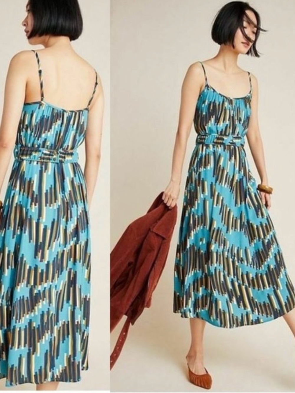 Anthro Corey Lynn Calter Carreaux Blue & Multicolor- SZ LP- Abstract MIDI Dress